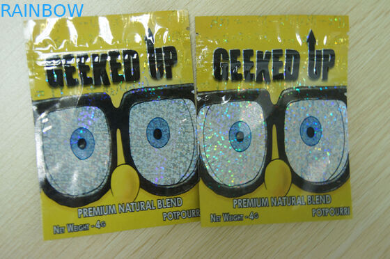 जिपलॉक हर्बल पैकेजिंग 4 जी लेजर फिल्म प्लास्टिक GEEKED UP पीले