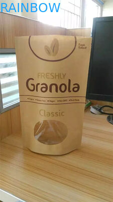 कस्टम प्रिंटेड स्टैंड अप क्राफ्ट पेपर बैग, स्नैक बैग पैकेजिंग विद विंडो