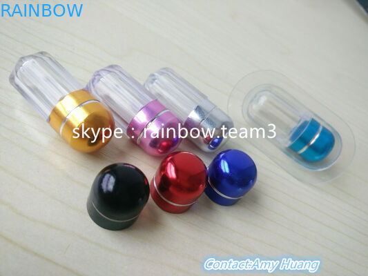 सेक्स गोलियों के लिए पुनः प्रयोज्य छोटे प्लास्टिक कंटेनर / धातु गोल टोपी के साथ कैप्सूल आकार की बोतल