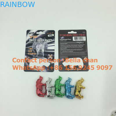 गो राइनो पैकेजिंग, मेटल राइनो आकार की बोतलों के लिए शिनी सिल्वर / गोल्ड सेक्स पिल राइनो खिलौने