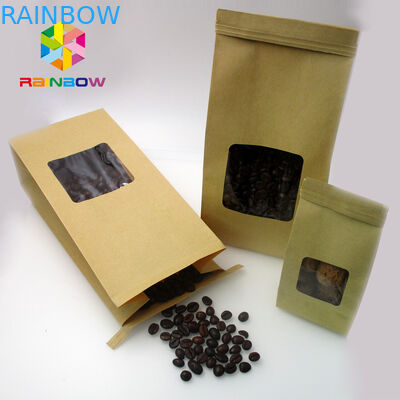 कॉफी बीन के लिए स्पष्ट खिड़की के साथ कस्टम मुद्रित पन्नी लाइनेड क्राफ्ट पेपर स्टैंड थैली बैग