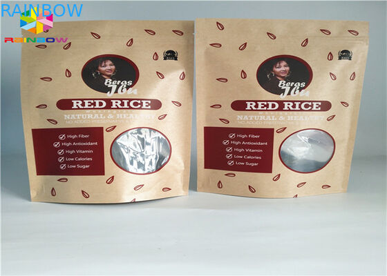 खिड़की से जिपलॉक कस्टम प्रिंटेड पेपर बैग्स फूड स्टैंड अप पाउच ब्राउन क्राफ्ट पेपर