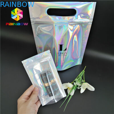 प्लास्टिक होलोग्राम माइलर जिपर कॉस्मेटिक पैकेजिंग बैग सीएमवाईके रंग स्पष्ट खिड़की के साथ