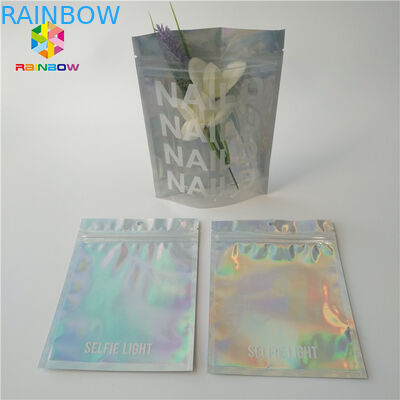 प्लास्टिक होलोग्राम माइलर जिपर कॉस्मेटिक पैकेजिंग बैग सीएमवाईके रंग स्पष्ट खिड़की के साथ