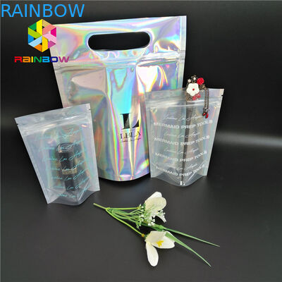 प्लास्टिक होलोग्राम माइलर जिपर कॉस्मेटिक पैकेजिंग बैग सीएमवाईके रंग स्पष्ट खिड़की के साथ