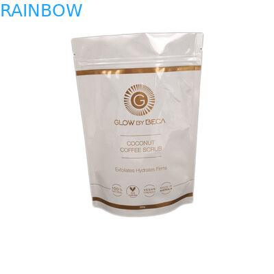 व्हाइट ग्लॉसी फिनिश बॉडी स्क्रब 150 माइक्रोन स्टैंड अप जिपर पाउच