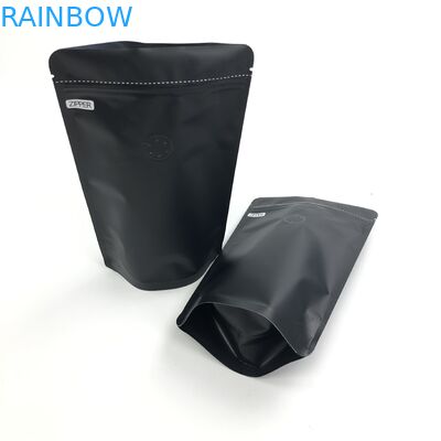 कॉफी बीन पैकेजिंग पाउच के लिए OEM कस्टम 250G ब्लैक लोगो साइज रेसेबल एल्युमीनियम फॉयल डीगैसिंग वाल्व के साथ खड़ा है