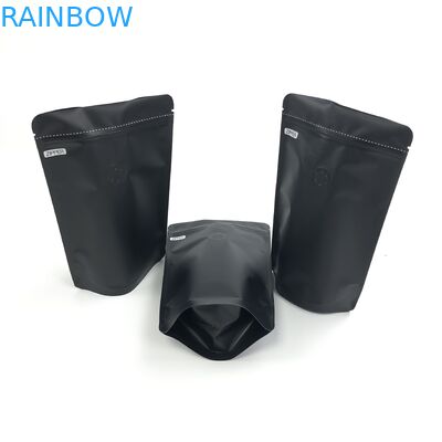 कॉफी बीन पैकेजिंग पाउच के लिए OEM कस्टम 250G ब्लैक लोगो साइज रेसेबल एल्युमीनियम फॉयल डीगैसिंग वाल्व के साथ खड़ा है