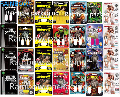 राइनो 10K / 100K / 69 पिल्स पेपर बॉक्स पिंक पुसी कैट पिल्स के लिए 3D ब्लिस्टर राइनो पैकेजिंग कार्ड