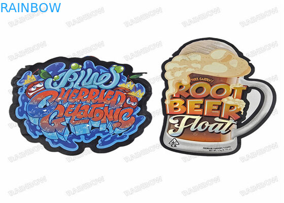 कस्टम मुद्रित प्लास्टिक चाइल्ड प्रूफ डिज़ाइन स्टैंड अप होलोग्राफिक 3.5 ग्राम अनियमित विशेष आकार का ज़िपर डाई कट मायलर बैग