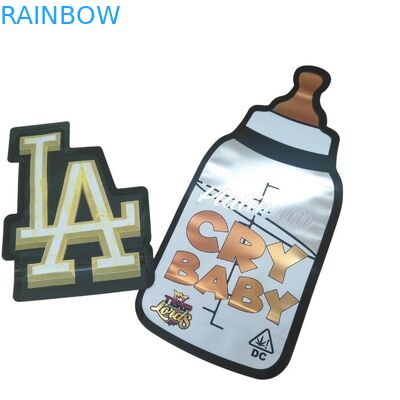 कस्टम मुद्रित चाइल्ड प्रूफ ज़िपलॉक होलोग्राफिक डाई कट मायलर बैग 3.5g विशेष आकार गमी कैंडी खाद्य पैकेजिंग बैग