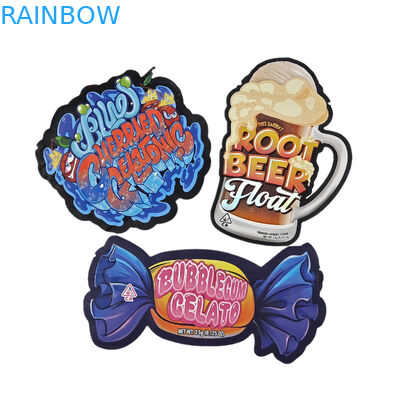 कस्टम मुद्रित सॉफ्ट टच होलोग्राफिक डाई कट अनियमित विशेष आकार प्लास्टिक ज़िपर Mylar खाद्य पैकेजिंग बैग