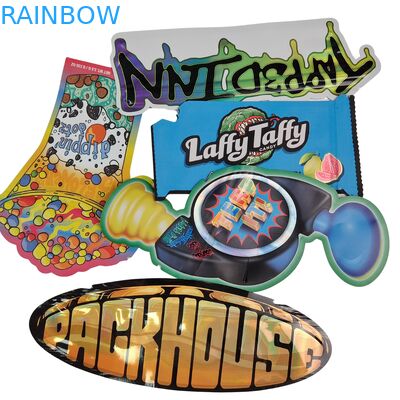 पुनः सीलबंद करने योग्य ज़िपर होलोग्राफिक शेप डाई कट माइलर बैग एल्यूमीनियम पन्नी हीट सील डाई कट अनियमित पाउच मशरूम गमियों के लिए