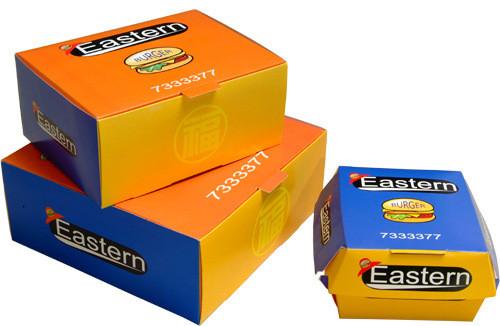 फास्ट फूड रेस्तरां के लिए कस्टम मुद्रित डिजाइन के साथ प्रीमीयम पेपर बॉक्स पैकेजिंग