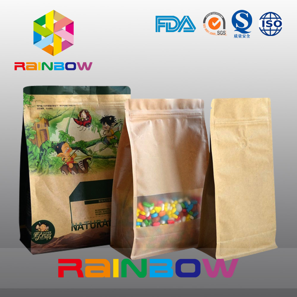 स्वनिर्धारित स्टैंड अप क्राफ्ट पेपर बैग, जिपर के साथ सूखे खाद्य / कैंडी के लिए फ्लैट बॉटम गुएस्ट बैग