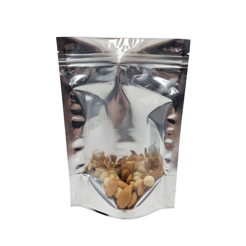 CMYK एल्युमिनियम फॉयल पैकेजिंग Mylar Doypac क्लियर विंडो फ्रंट सिल्वर बैक स्टैंड अप रीसीलेबल