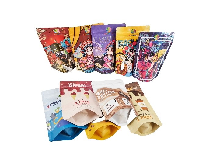 एल्यूमिनियम फॉयल प्लास्टिक स्टैंड अप पाउच स्मेल प्रूफ़ रीसीलेबल माइलर ज़िपलॉक बैग