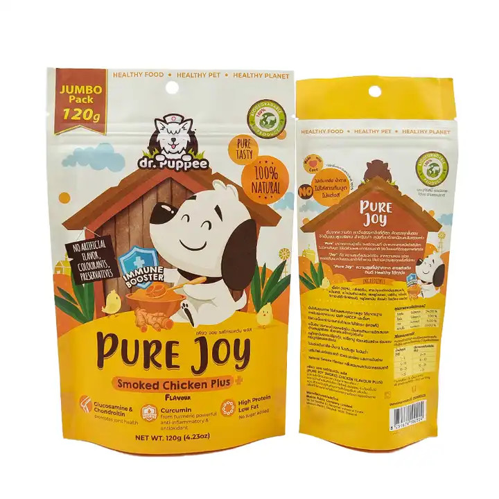 खाद्य उत्पादों के लिए अनुकूलित गर्मी सील करने योग्य क्राफ्ट पेपर थैला पुनः सील करने योग्य ज़िपर पालतू भोजन बैग के लिए खड़े थैला