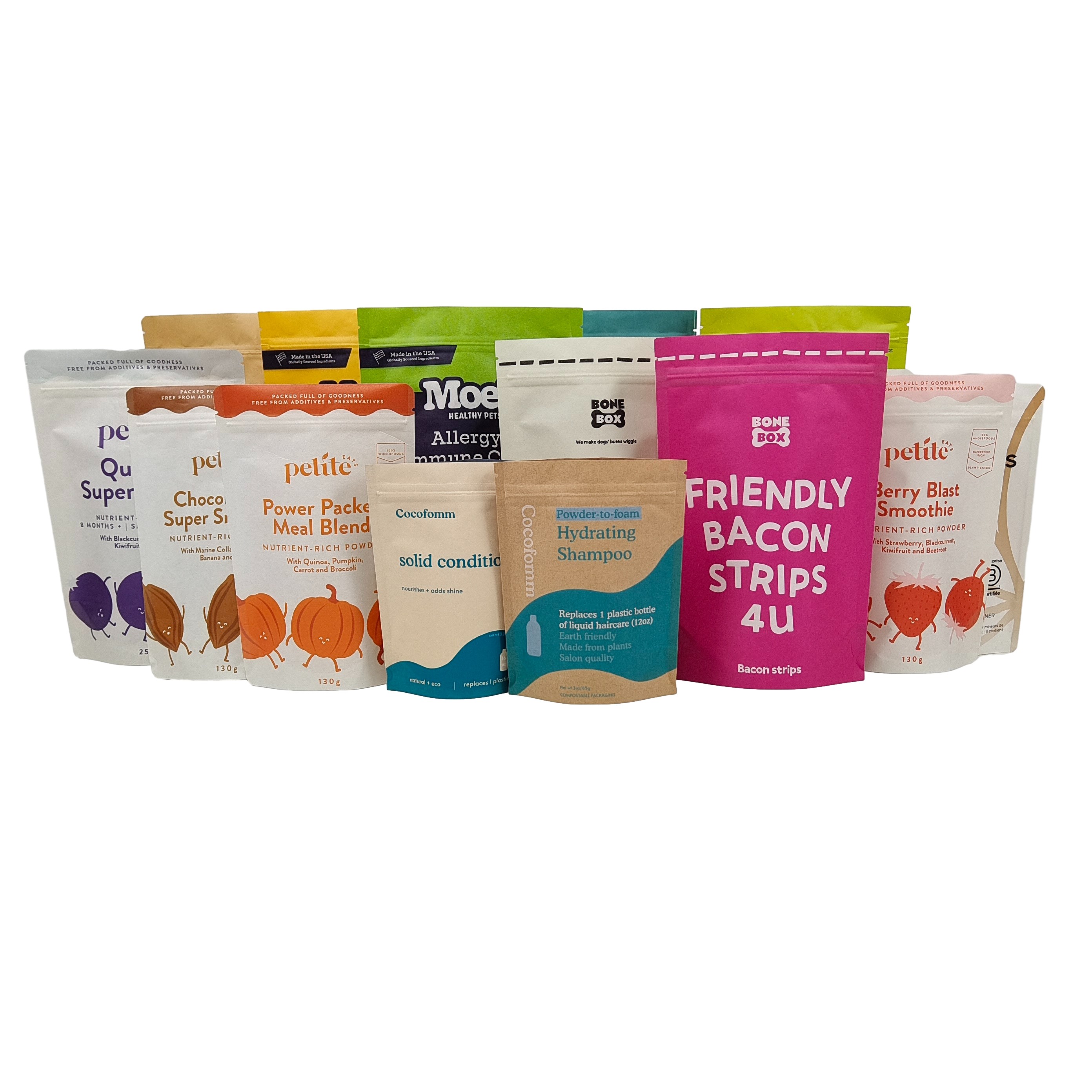 कस्टम लोगो मुद्रित बायोडिग्रेडेबल 100% पैकेट पैकेजिंग पुनः प्रयोज्य स्टैंड अप प्लास्टिक बैग