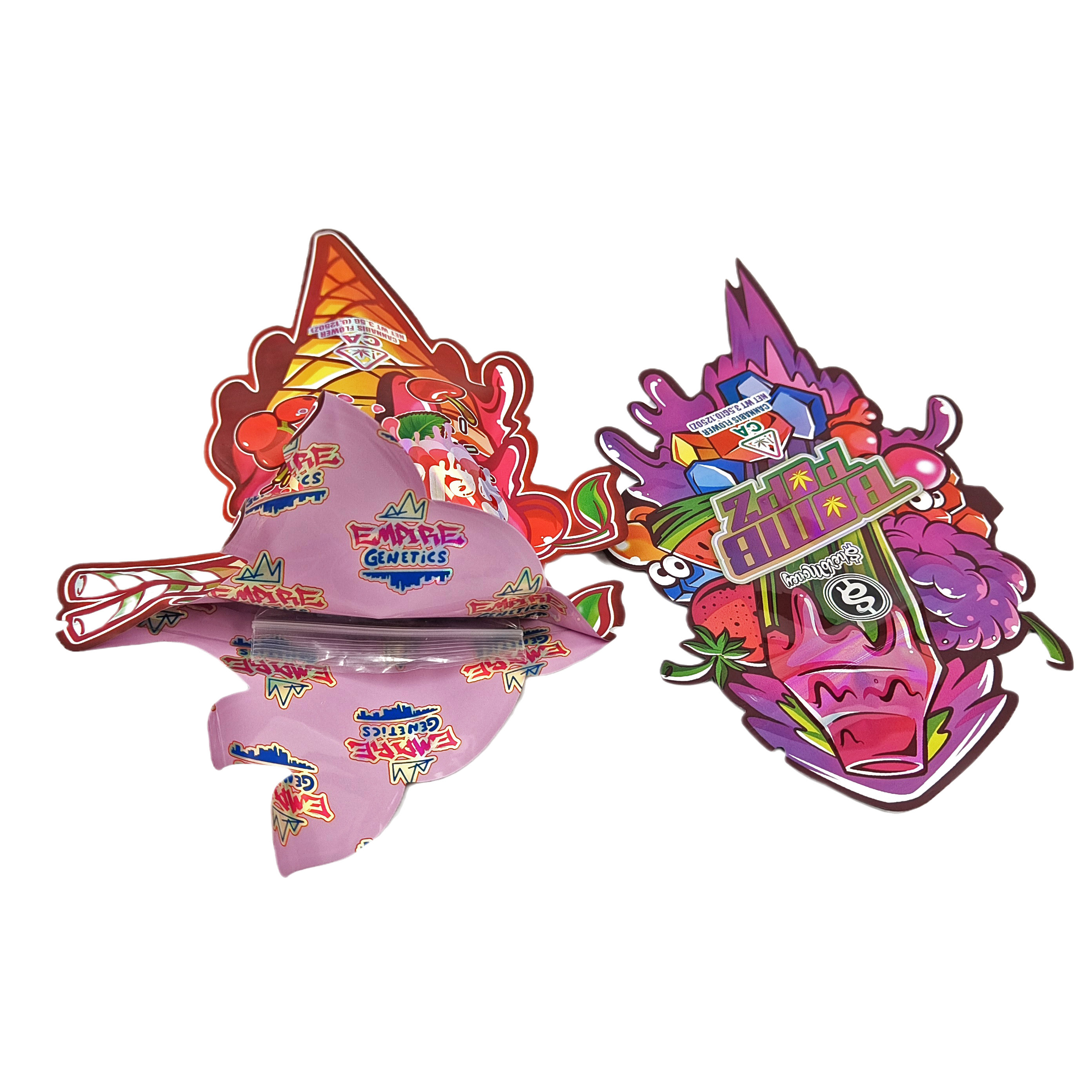 प्लास्टिक कस्टम डिजाइन विशेष आकार पैकेजिंग मुद्रित होलोग्राम पन्नी कैंडी चाइल्ड प्रूफ मायलर डाई कट बैग