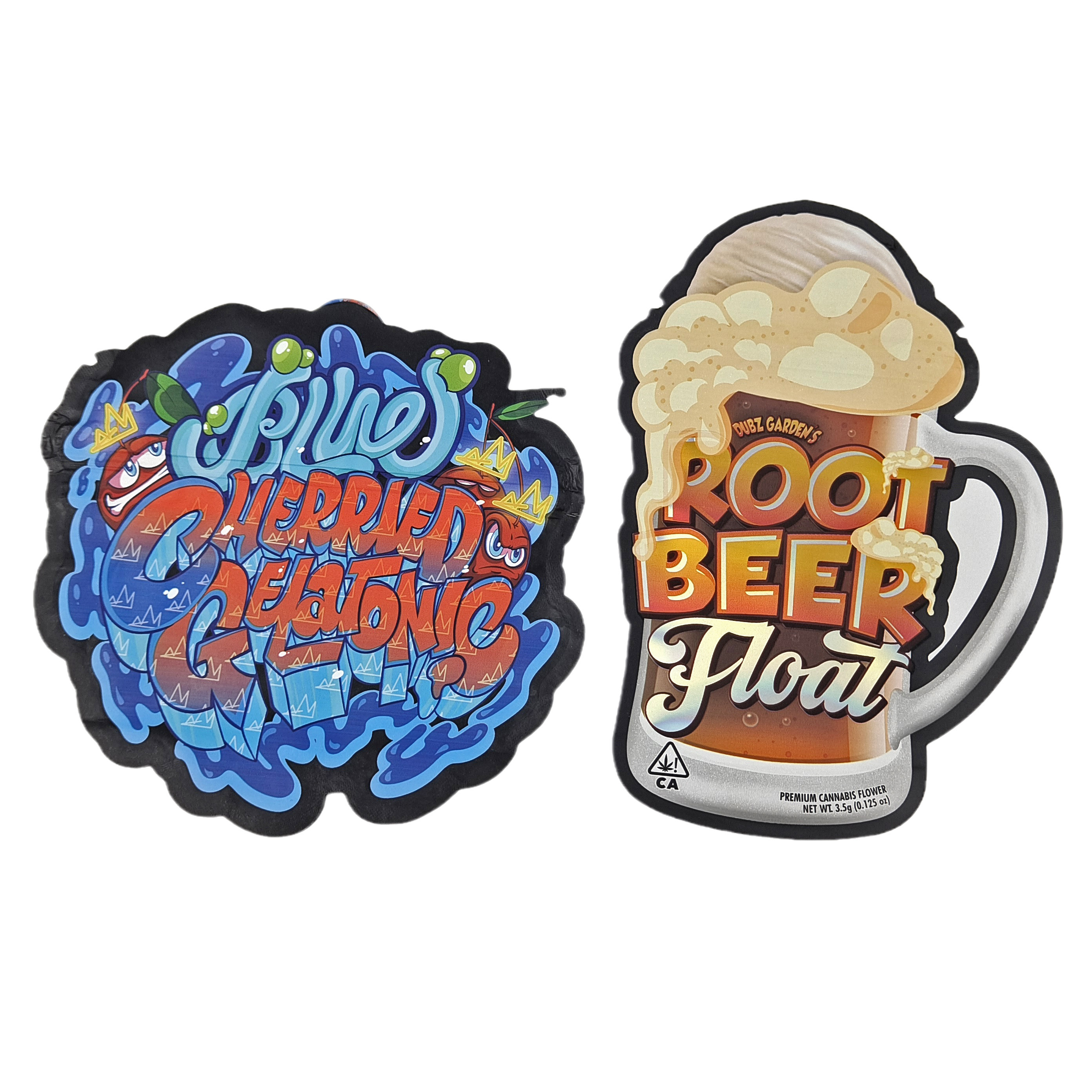 डाई कट कस्टम अनियमित विशेष आकार प्लास्टिक बाल प्रतिरोधी माइलर पैकेजिंग ज़िपर के साथ 3.5g खाद्य ग्रेड कस्टम आकार माइलर