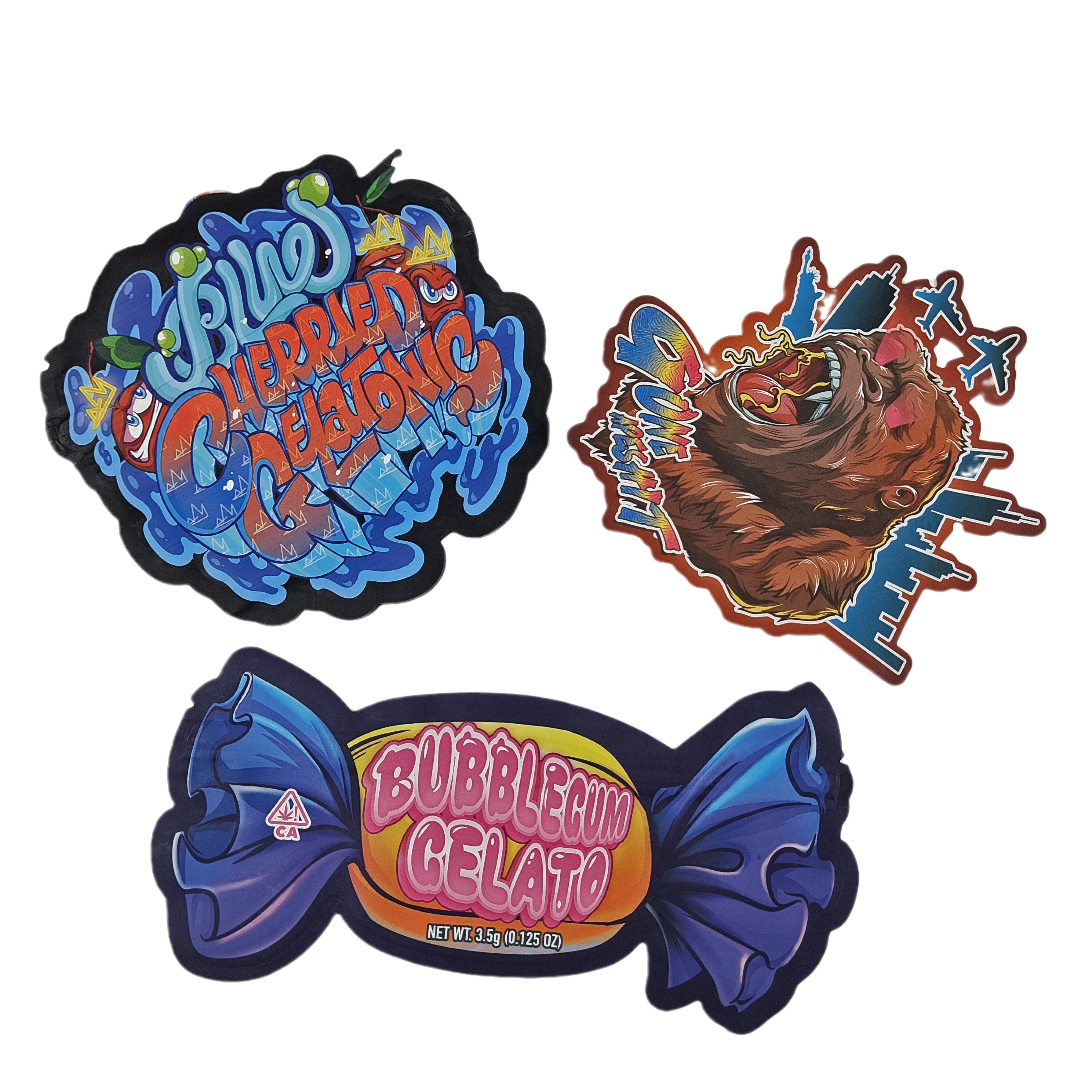 कस्टम डिजिटल मुद्रित डाई कट अनियमित 3.5g बैग विशेष आकार का खाद्य प्लास्टिक ज़िपलॉक पैकेजिंग Mylar बैग