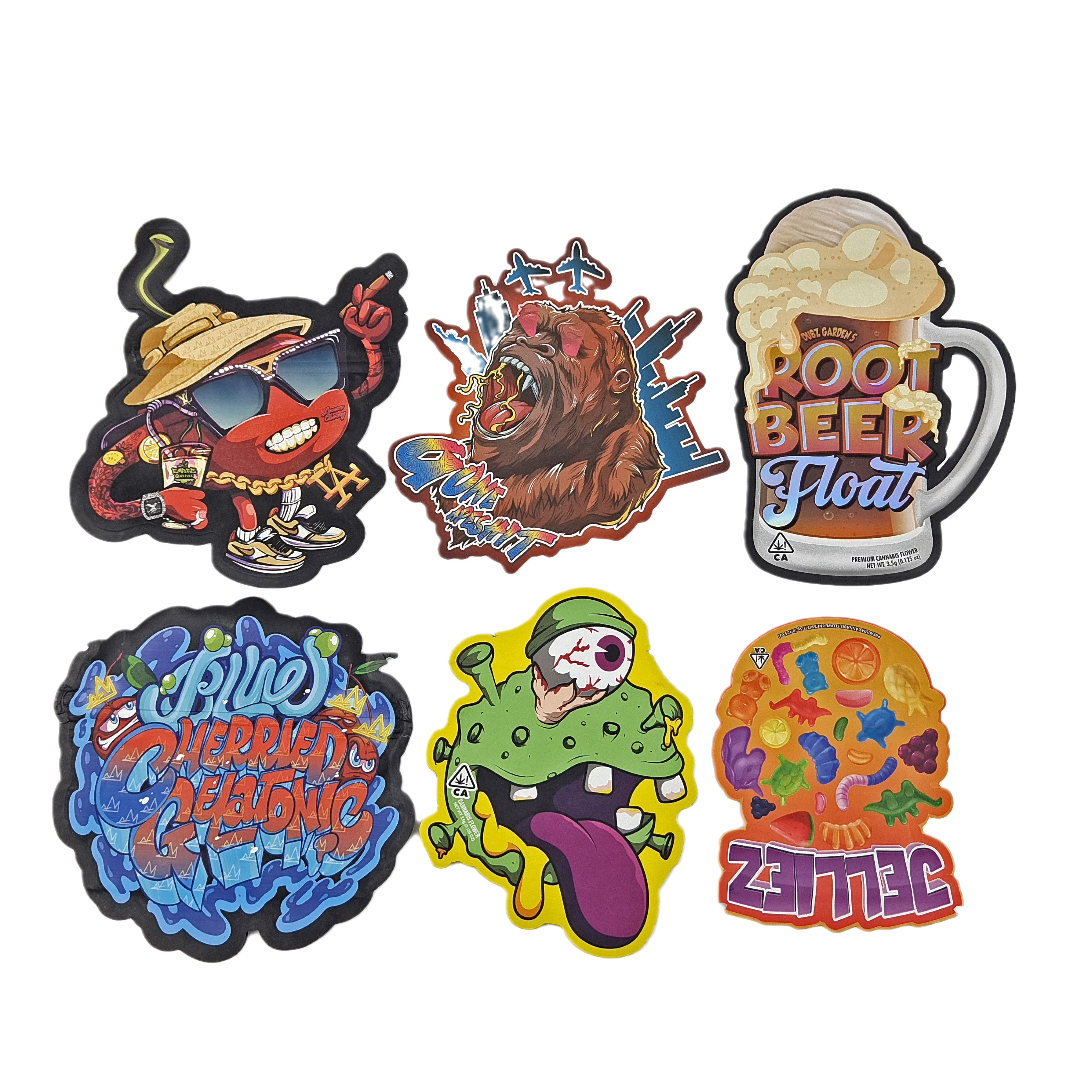 गंध प्रतिरोधी कस्टम मुद्रित 3.5g अद्वितीय विशेष आकार अनियमित खाद्य पैकेजिंग ज़िपलॉक माइलर बैग के साथ डाई कट बैग