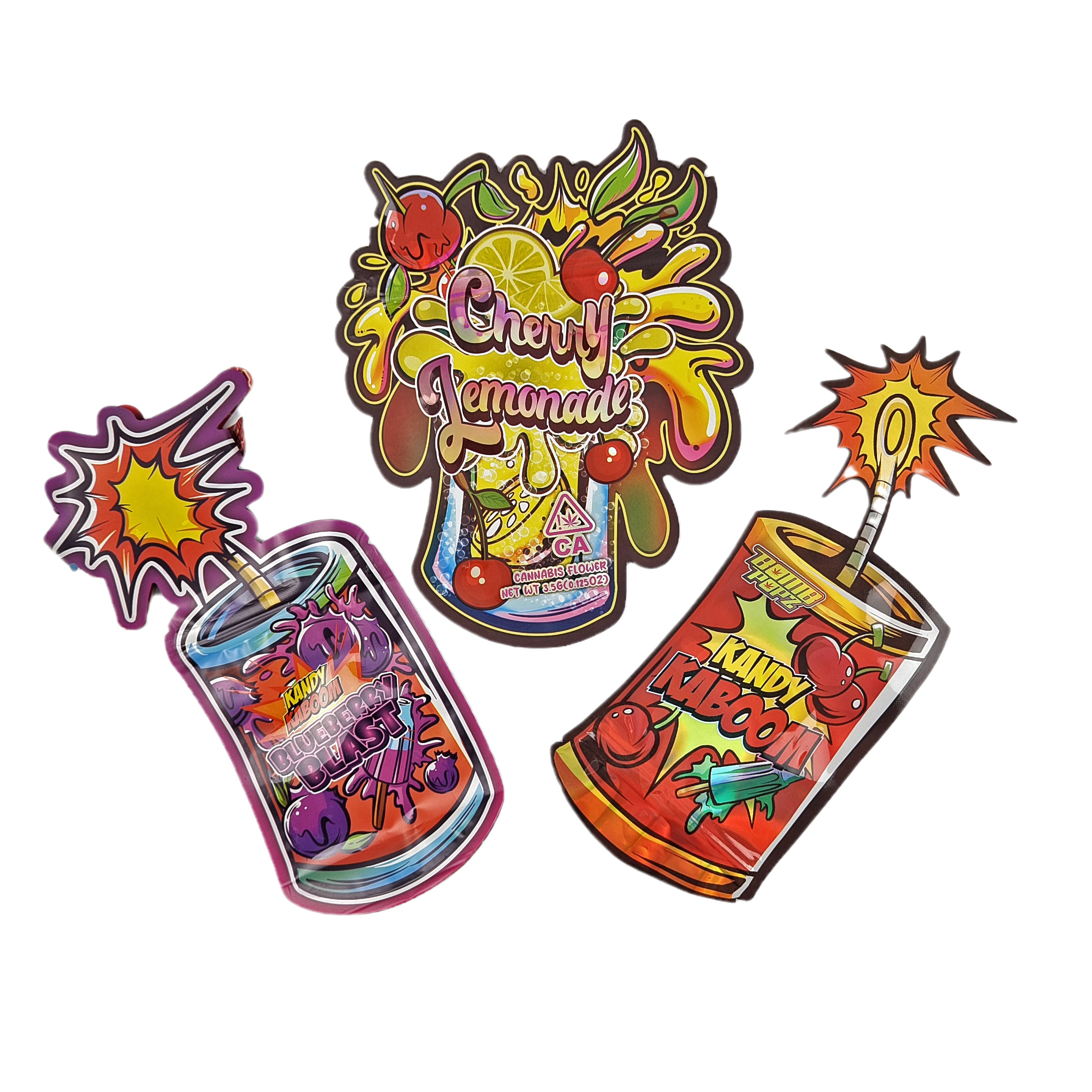 अनियमित आकार की पैकेजिंग कस्टम डिजाइन के साथ ज़िपलॉक होलोग्राफिक पन्नी 3.5g गंध प्रूफ डाई कट मायलर बैग