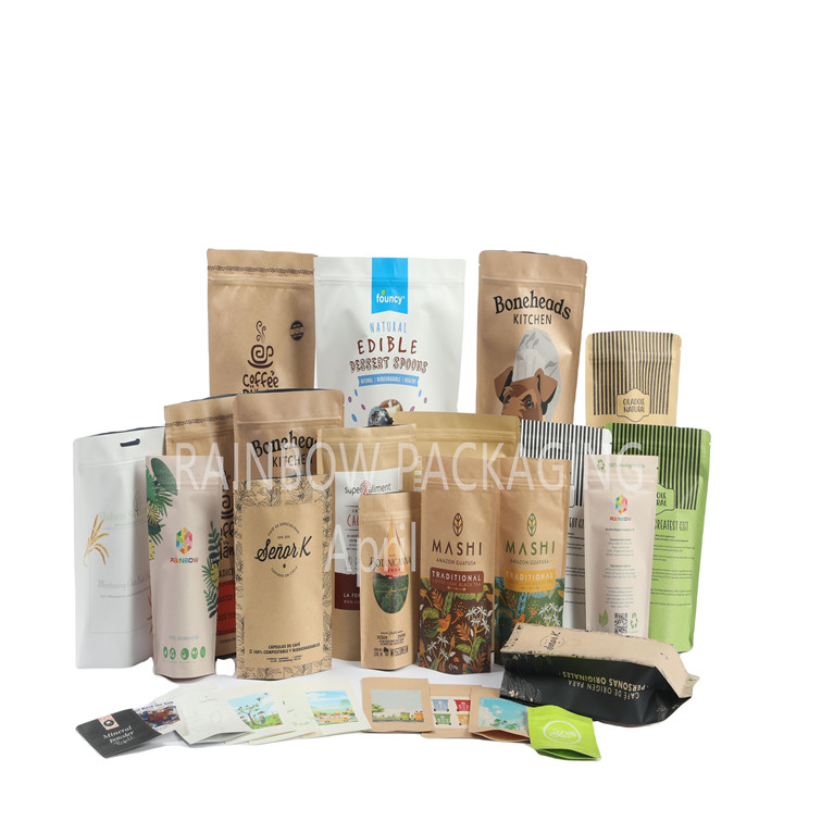 कस्टम खाद्य ग्रेड पीएलए ब्राउन क्राफ्ट पेपर बैग आम पाउडर खाद्य पालतू जानवरों के लिए व्यवहार खाद्य पैकेजिंग बैग जिपर के साथ Mylar