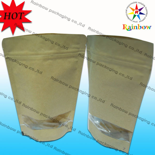 स्नैक पैकेजिंग के लिए खिड़की के साथ ज़िपलॉक ब्राउन क्राफ्ट स्वनिर्धारित पेपर बैग खड़े करें
