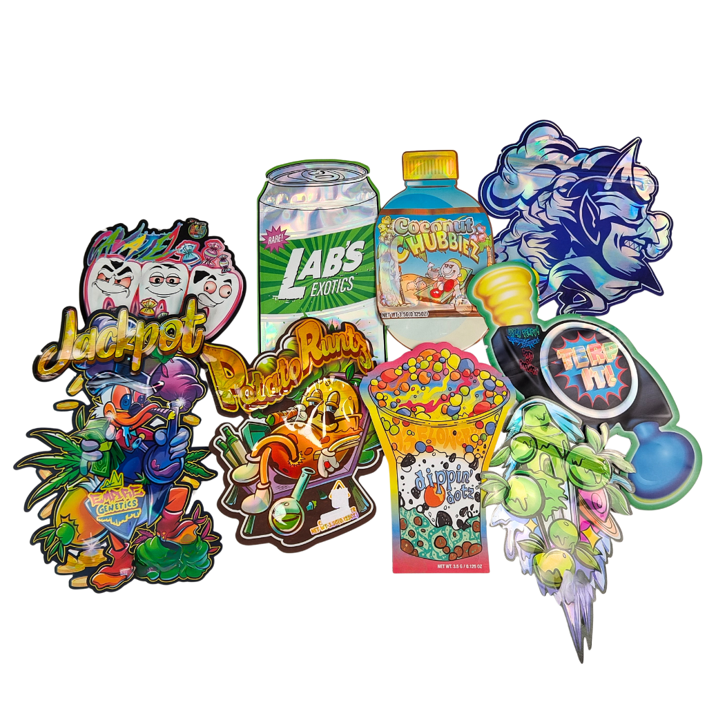 खाद्य ग्रेड डॉयपैक डाई कट कैली 3.5g 7g 14g 28g शुगर कुकी मायलर बैग्स चमकदार/मैट गंध प्रूफ ज़िप लॉक बैग