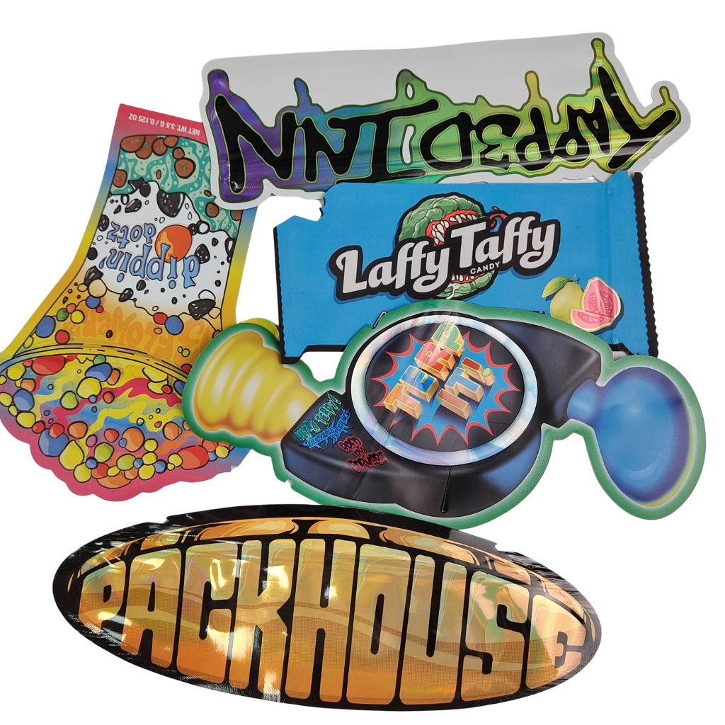 पुनः सीलबंद करने योग्य ज़िपर होलोग्राफिक शेप डाई कट माइलर बैग एल्यूमीनियम पन्नी हीट सील डाई कट अनियमित पाउच मशरूम गमियों के लिए