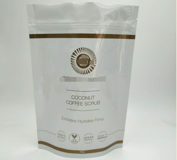 व्हाइट ग्लॉसी कॉस्मेटिक पैकेजिंग बैग, बॉडी सोक्स के लिए एल्युमिनियम फॉयल बैग ऊपर रखें