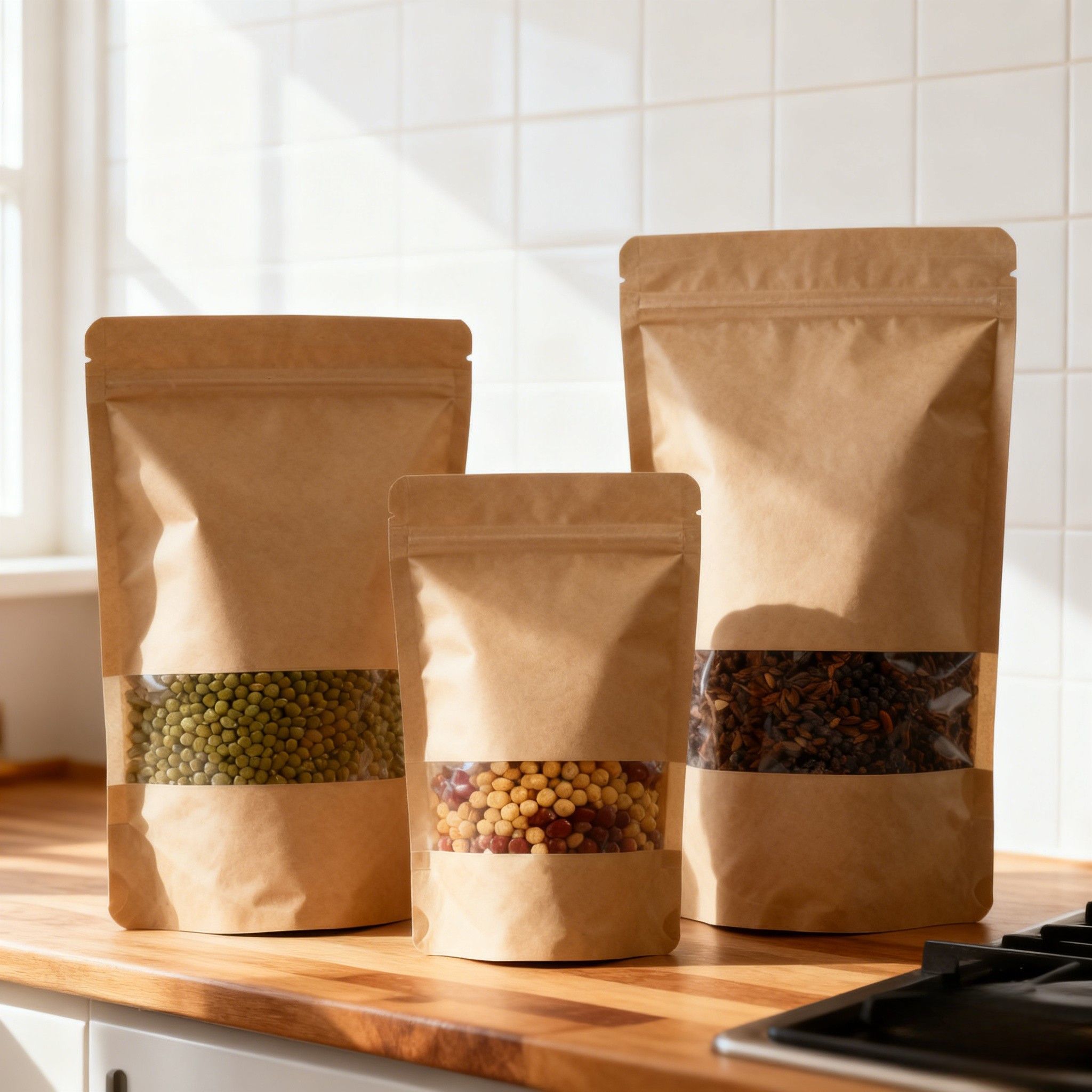 खाद्य पैकेजिंग के लिए अनुकूलित बायोडिग्रेडेबल नमी सबूत स्टैंड अप पाउच क्राफ्ट पेपर बैग