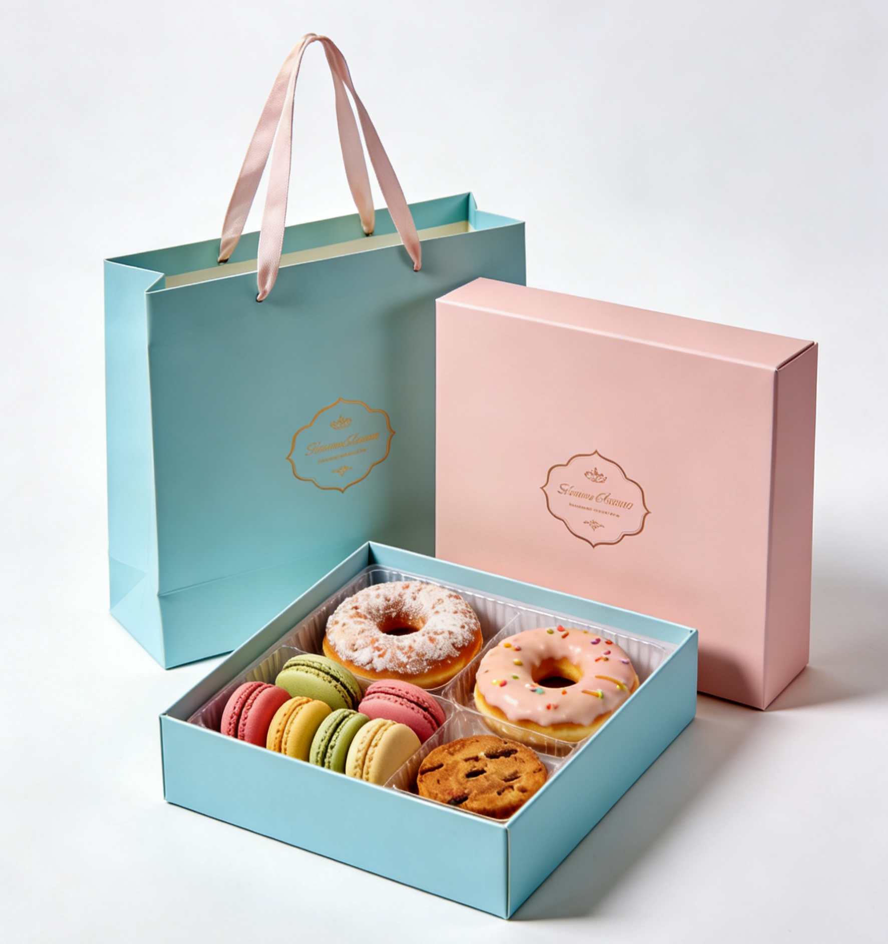 प्रीमियम फूड ग्रेड फोल्डेबल बेस और ढक्कन केक के लिए बॉक्स सुशी मकरॉन डेसर्ट बेकरी उपहार बॉक्स सेट पेपर बैग के साथ