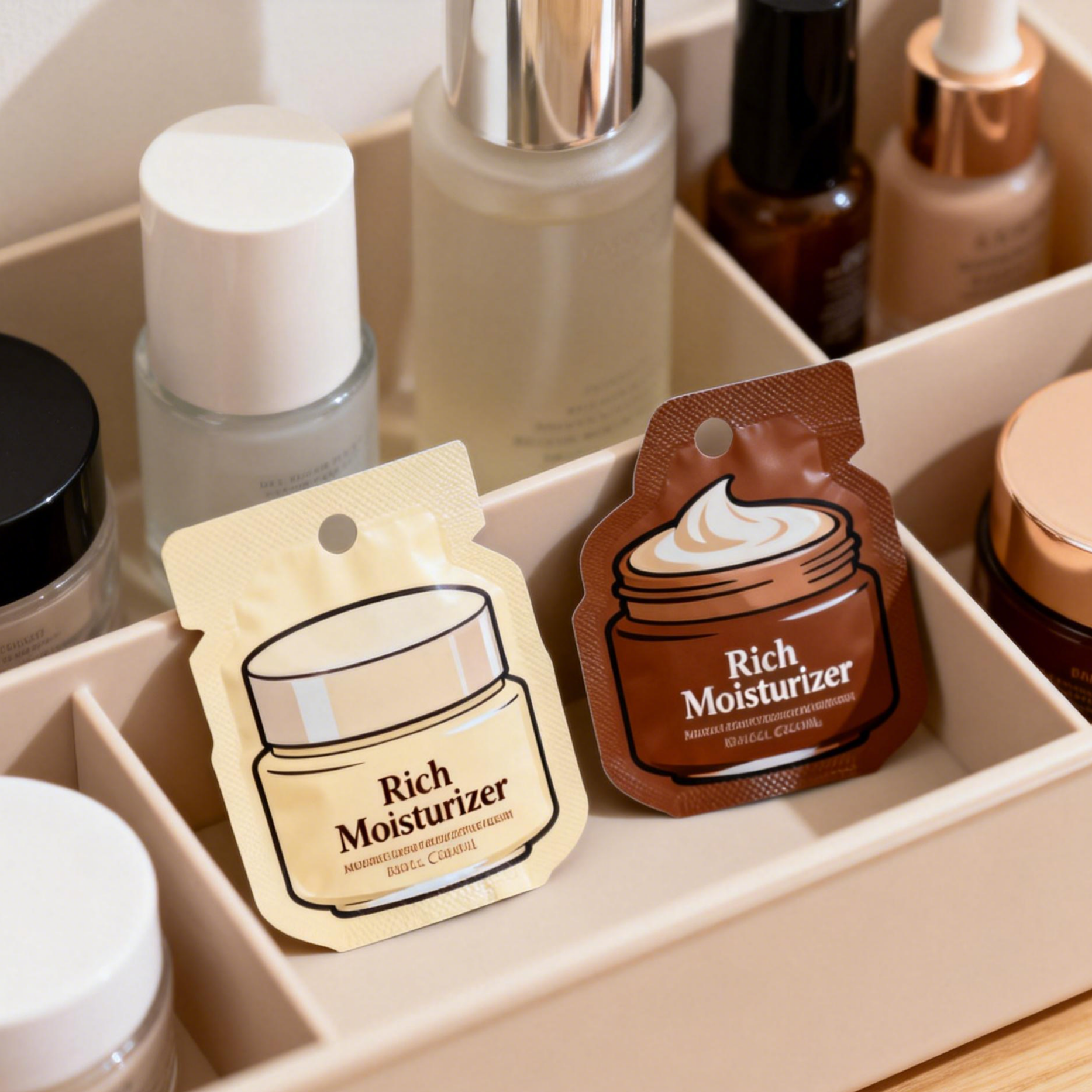 कस्टम स्किनकेयर लोशन क्रीम पैकिंग प्लास्टिक छोटे कॉस्मेटिक नमूना बैग Mylar पन्नी बैग हीट सील बैग बैग छोटे मिनी बैग