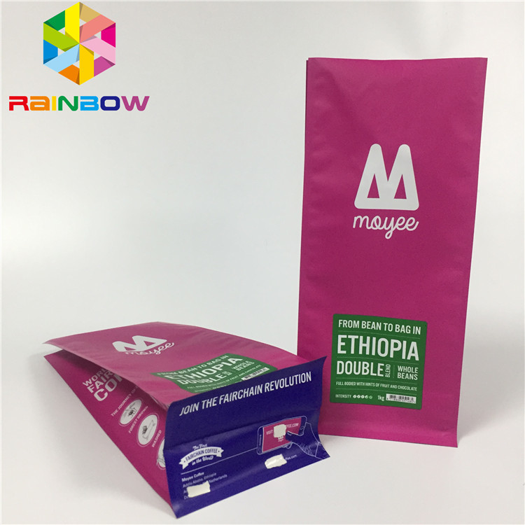 एल्यूमीनियम पन्नी थैली पैकेजिंग, वाल्व के साथ कॉफी बैग फ्लैट नीचे खड़े हो जाओ