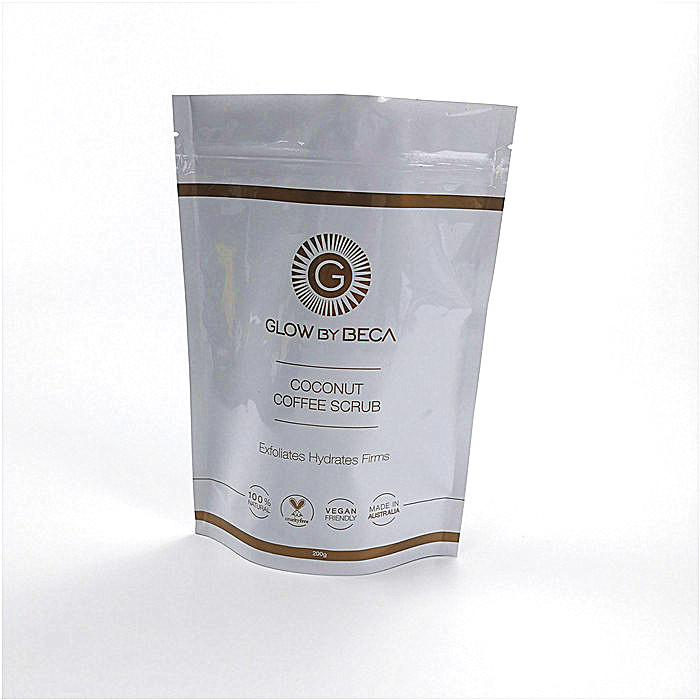 कॉफी पैकेजिंग के लिए चमकदार सफेद मायलर प्लास्टिक पाउच पैकेजिंग स्टैंड पाउच