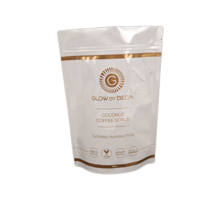 व्हाइट ग्लॉसी फिनिश बॉडी स्क्रब 150 माइक्रोन स्टैंड अप जिपर पाउच