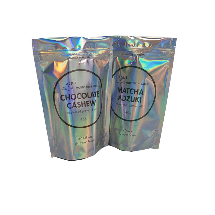 प्रोटीन बॉल्स के लिए CYMK जिपर होलोग्राफिक स्टैंड अप पाउच