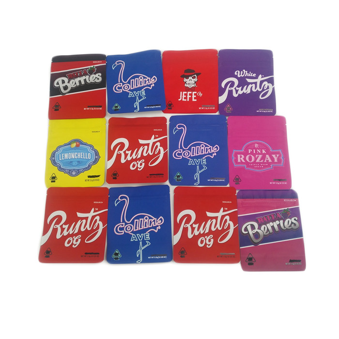 कम MOQ 500 pcs शीतल स्पर्श गंध सबूत कैनबिस पैकेजिंग पाउच खाद्य बाल प्रतिरोधी 3.5g कुकीज़ Mylar बैग अनुकूलित