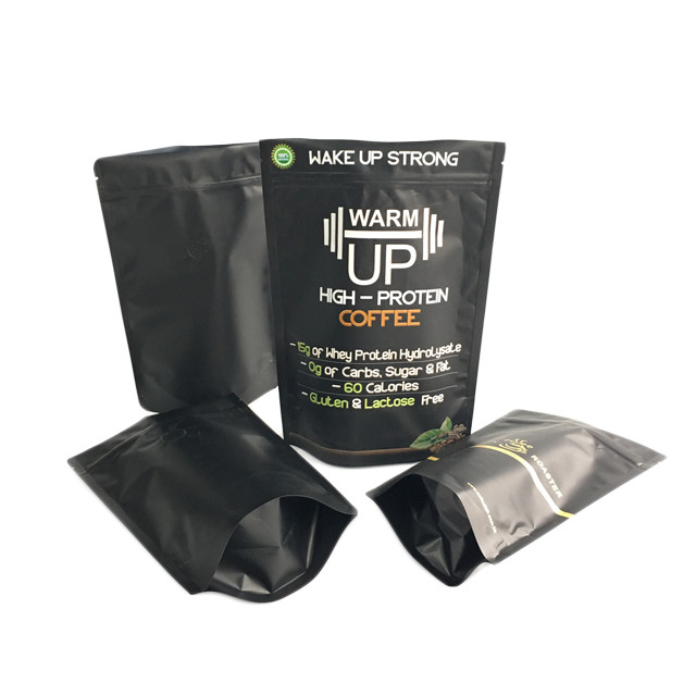 गोल्ड प्रिंटिंग कॉफ़ी बैग मैट ब्लैक फिनिश फ़ॉइल स्टैंड अप जिपर पैकेजिंग बैग