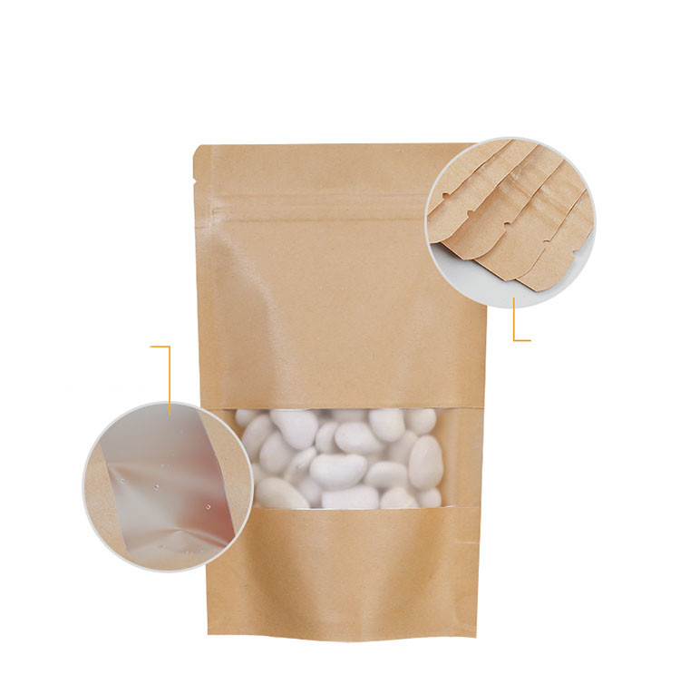 ब्राउन क्राफ्ट पेपर जिपलॉक बायोडिग्रेडेबल स्टैंड अप पाउच विद विंडो