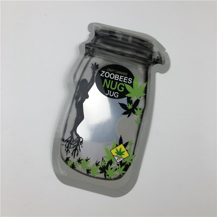 सीबीडी बीज के लिए मेसन जार पाउच सीबीडी फ्लॉवर गमियां टीएचसी इंडिका लीफ जिपर के साथ अनियमित पैकिंग पाउच